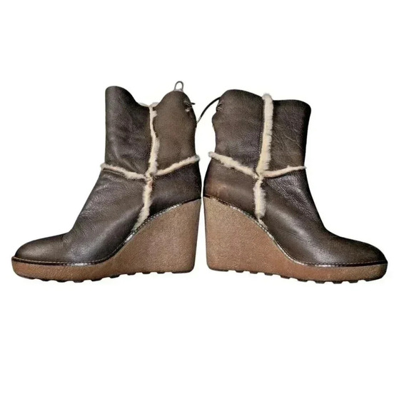 Moncler Brown Leather Merino Fur Boots Platform Wedge Booties 39 USA 8.5 - Picture 1 of 14